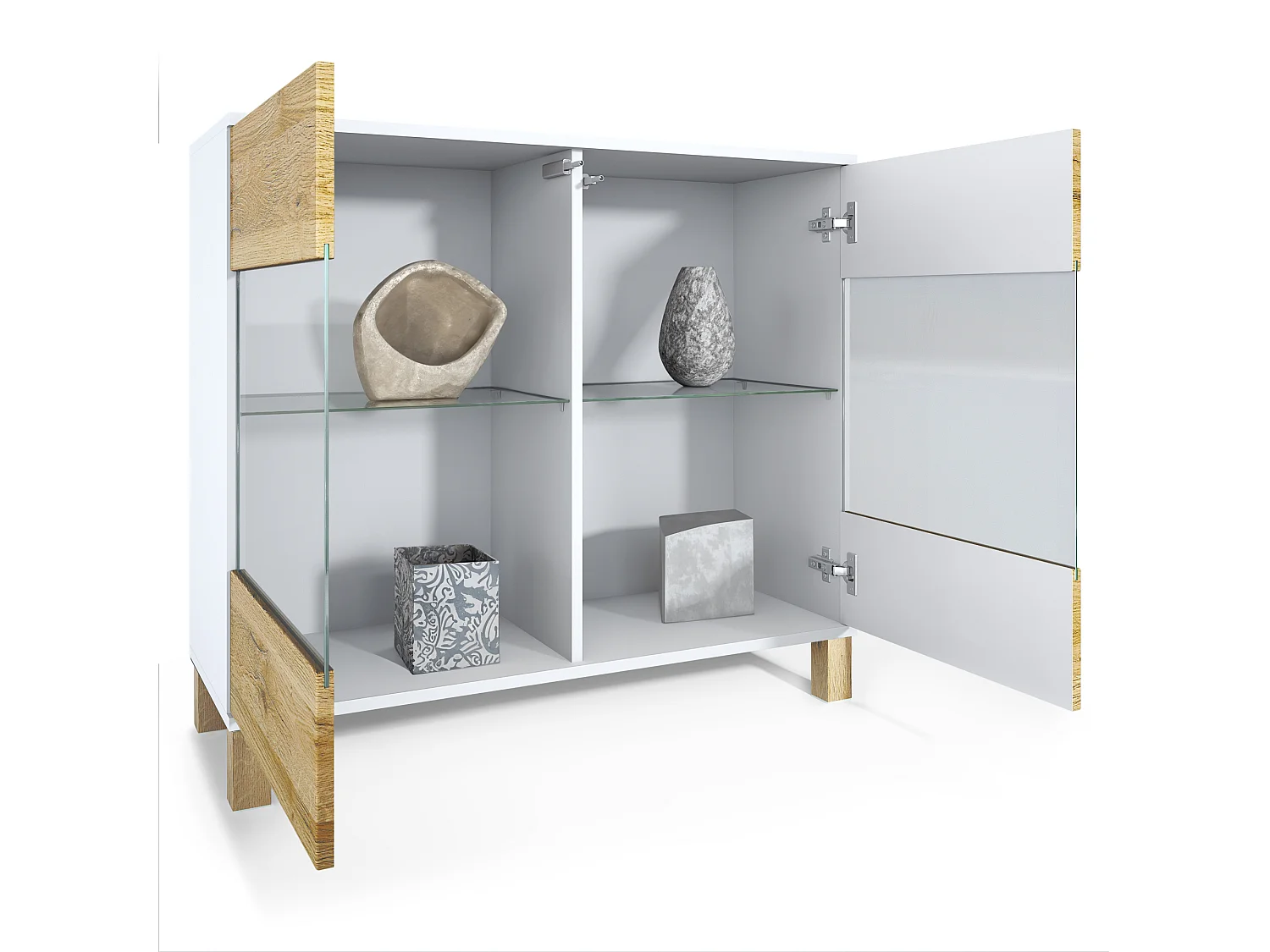 Cassettiera Bari V3 Edizione Legno, Mobile da cucina moderno con 2 grandi ante in vetro incl. illuminazione RGB bianco opaco / rovere naturale (92,5 x 84,5 x 35)