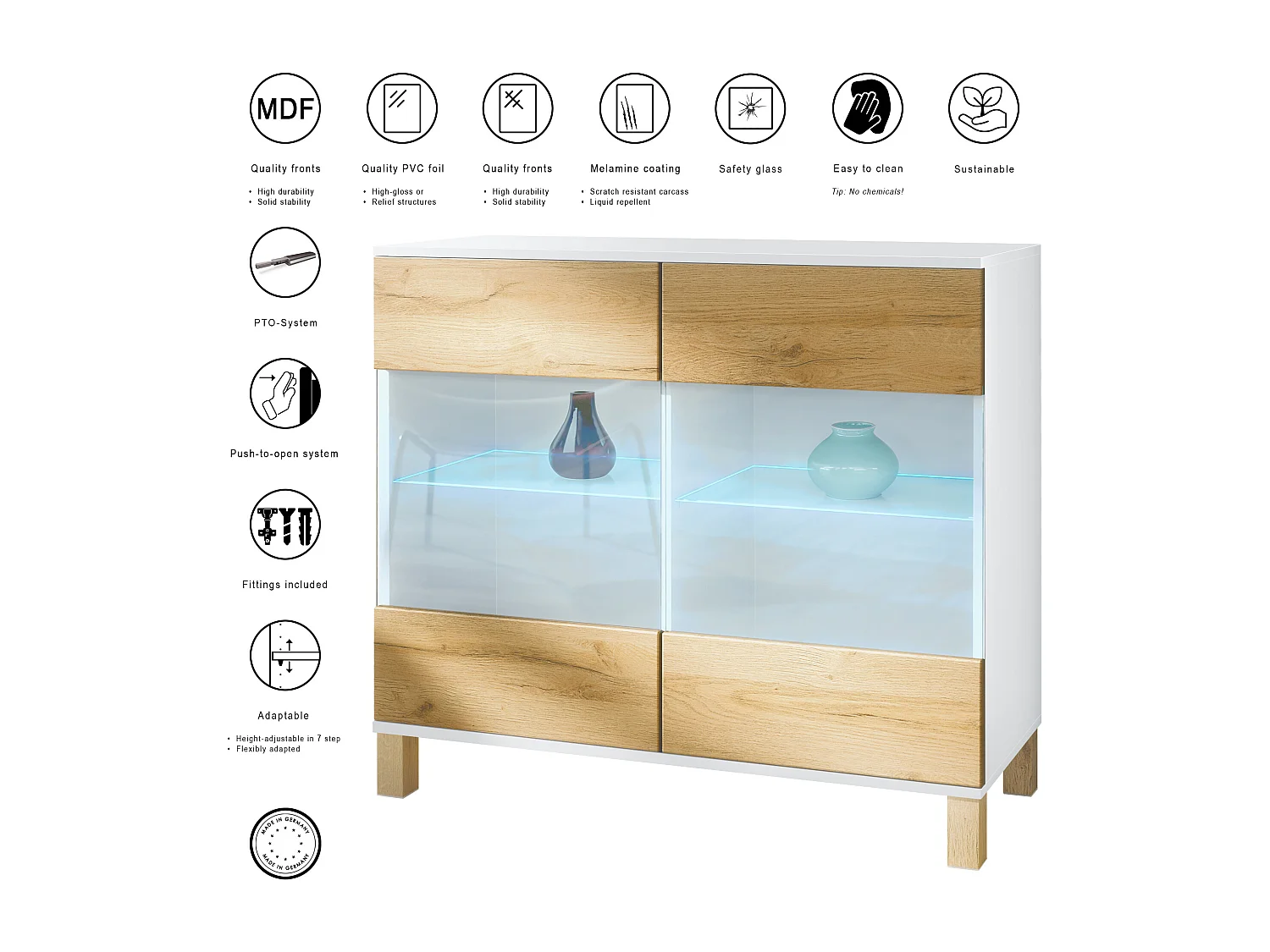 Cassettiera Bari V3 Edizione Legno, Mobile da cucina moderno con 2 grandi ante in vetro incl. illuminazione RGB bianco opaco / rovere naturale (92,5 x 84,5 x 35)