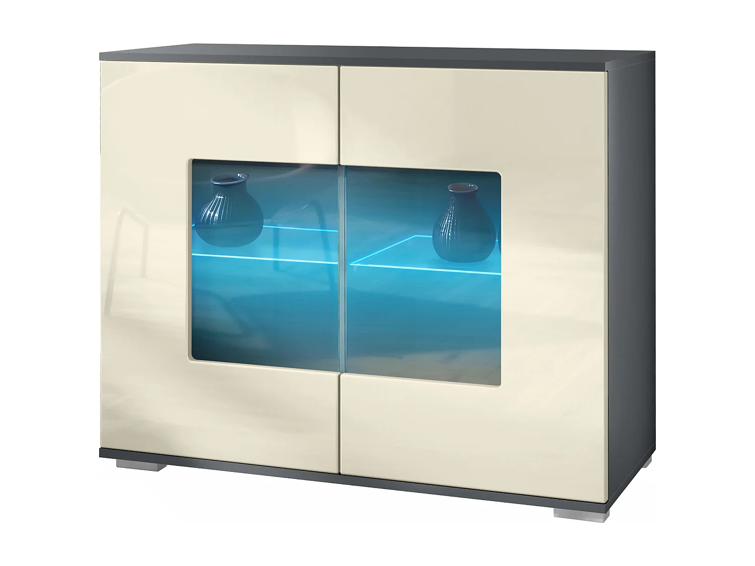 Commode Grömitz V3, Armoire de cuisine moderne avec 2 grandes portes vitrées incl. éclairage RGB anthracite mat / crème haute brillance (92,5 x 75.5 x 35)