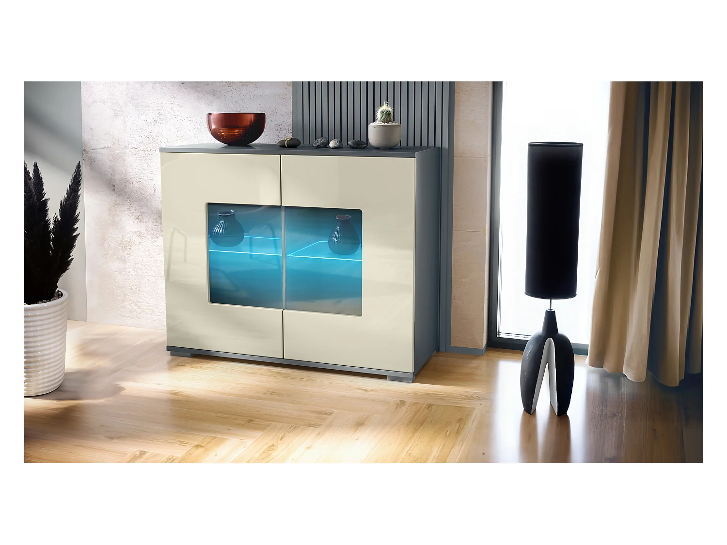 Commode Grömitz V3, Armoire de cuisine moderne avec 2 grandes portes vitrées incl. éclairage RGB anthracite mat / crème haute brillance (92,5 x 75.5 x 35)