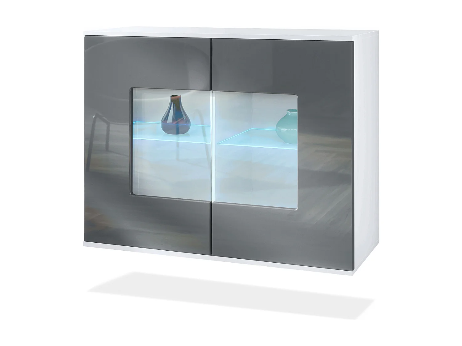 Commode Grömitz V3, Armoire de cuisine moderne avec 2 grandes portes vitrées incl. éclairage RGB blanc mat / gris haute brillance (92,5 x 73.5 x 35)