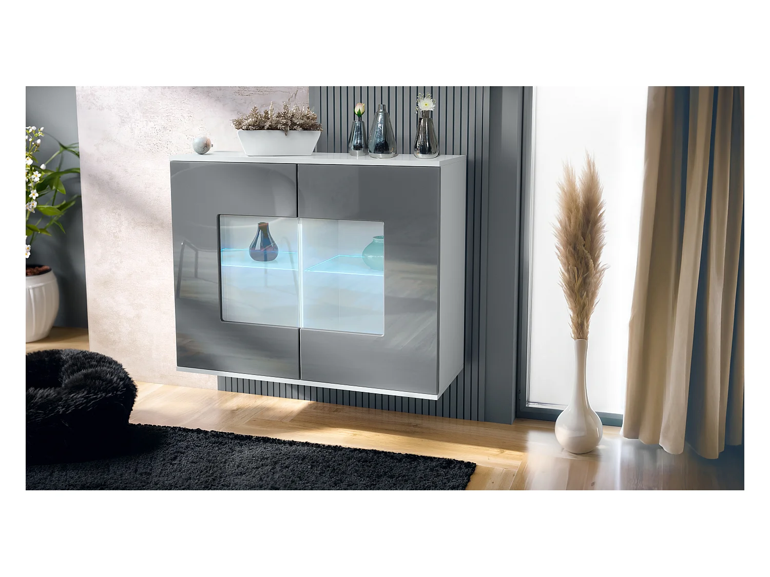 Commode Grömitz V3, Armoire de cuisine moderne avec 2 grandes portes vitrées incl. éclairage RGB blanc mat / gris haute brillance (92,5 x 73.5 x 35)
