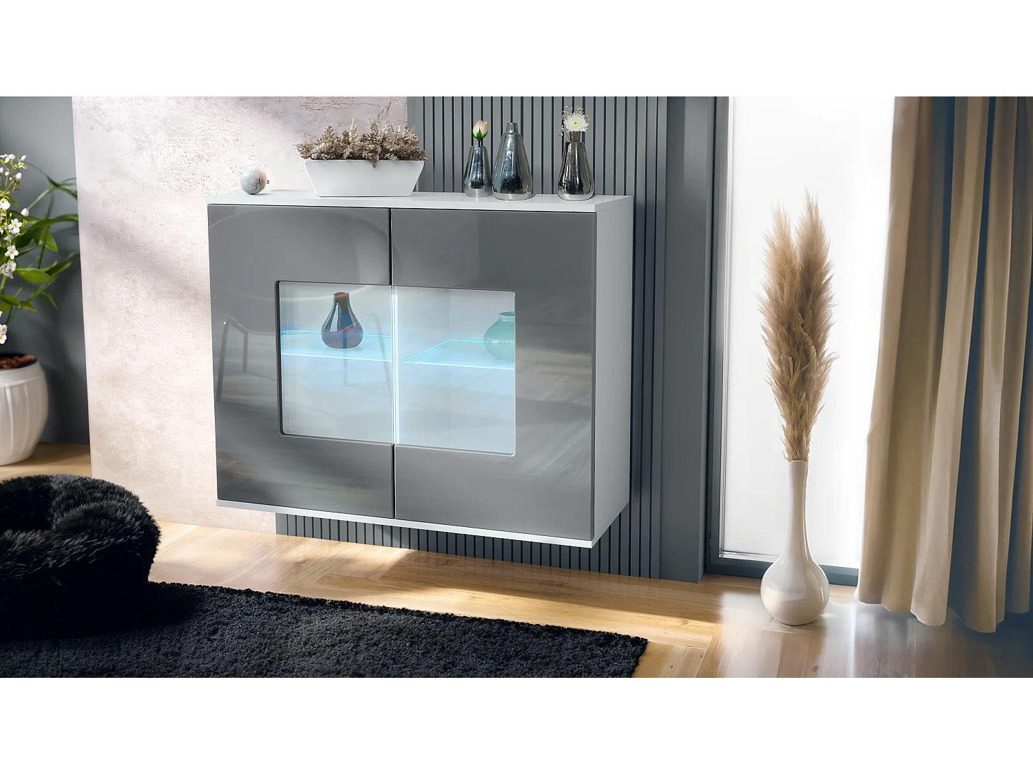 Cómoda Grömitz V3, Moderno armario de cocina con 2 grandes puertas de cristal incl. iluminación RGB blanco mate / gris de alto brillo (92,5 x 73.5 x 35)