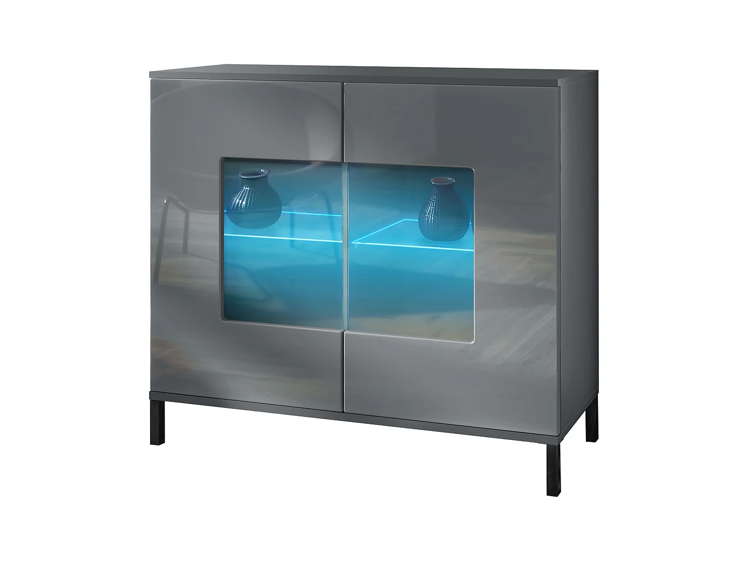 Commode Grömitz V3, Armoire de cuisine moderne avec 2 grandes portes vitrées incl. éclairage RGB anthracite mat / gris haute brillance (92,5 x 83.5 x 35)