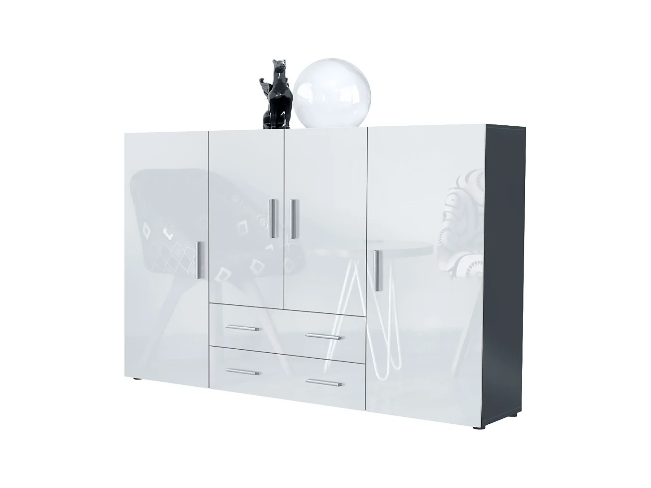 Le Buffet Haut Nora bahut avec 2 tiroirs et 4 portes avec un total de 8 compartiments derrière, anthracite mat/blanc haute brillance (166,5 x 106,5 x 35 cm)