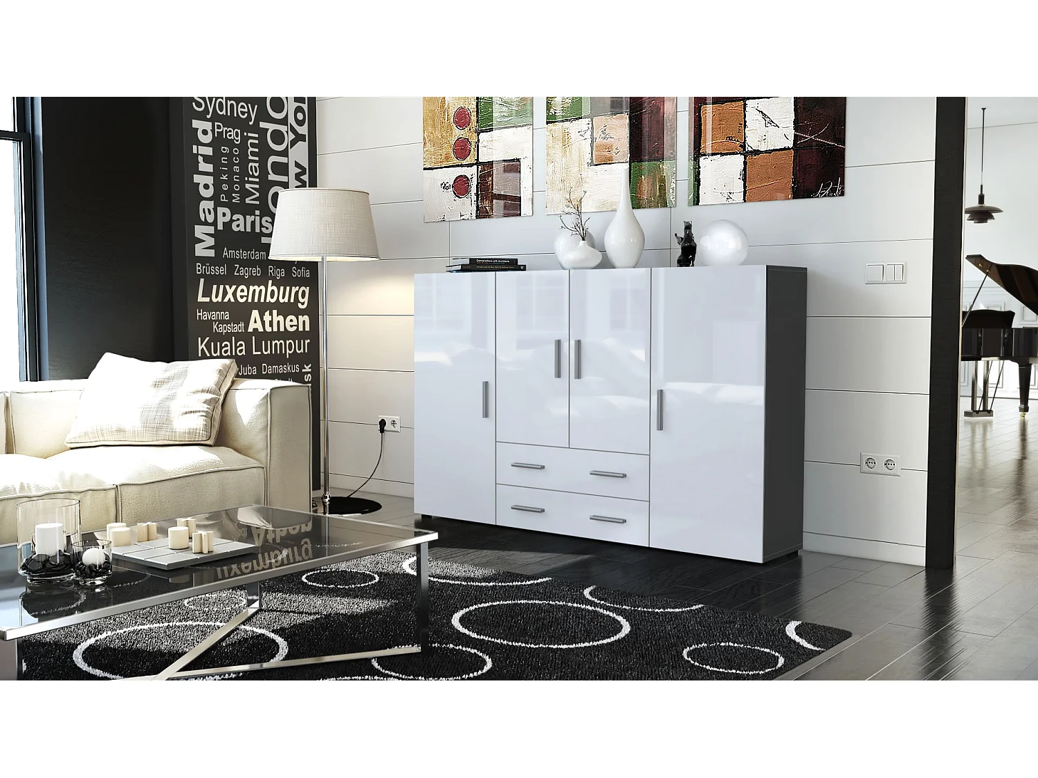 Highboard Nora Sideboard with 2 drawers and 4 doors with a total of 8 compartments behind, antracite opaco /bianco lucido (166.5 x 106.5 x 35 cm)