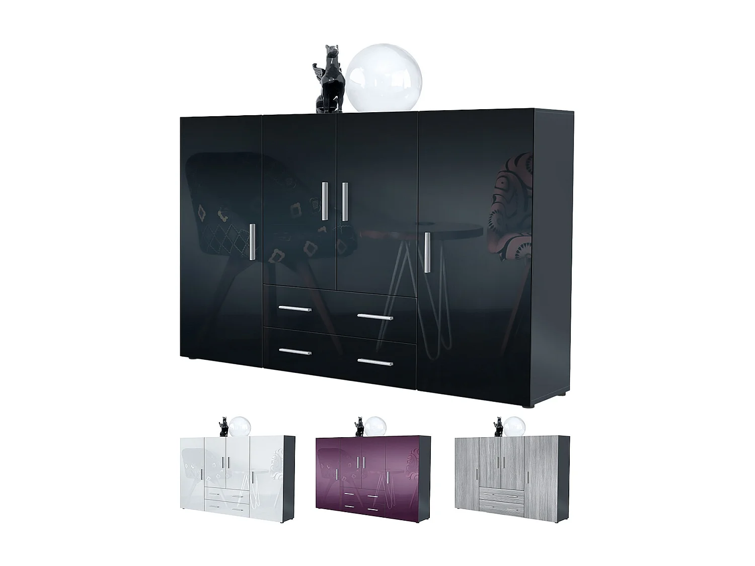 Highboard Nora Sideboard with 2 drawers and 4 doors with a total of 8 compartments behind, antracite opaco /bianco lucido (166.5 x 106.5 x 35 cm)