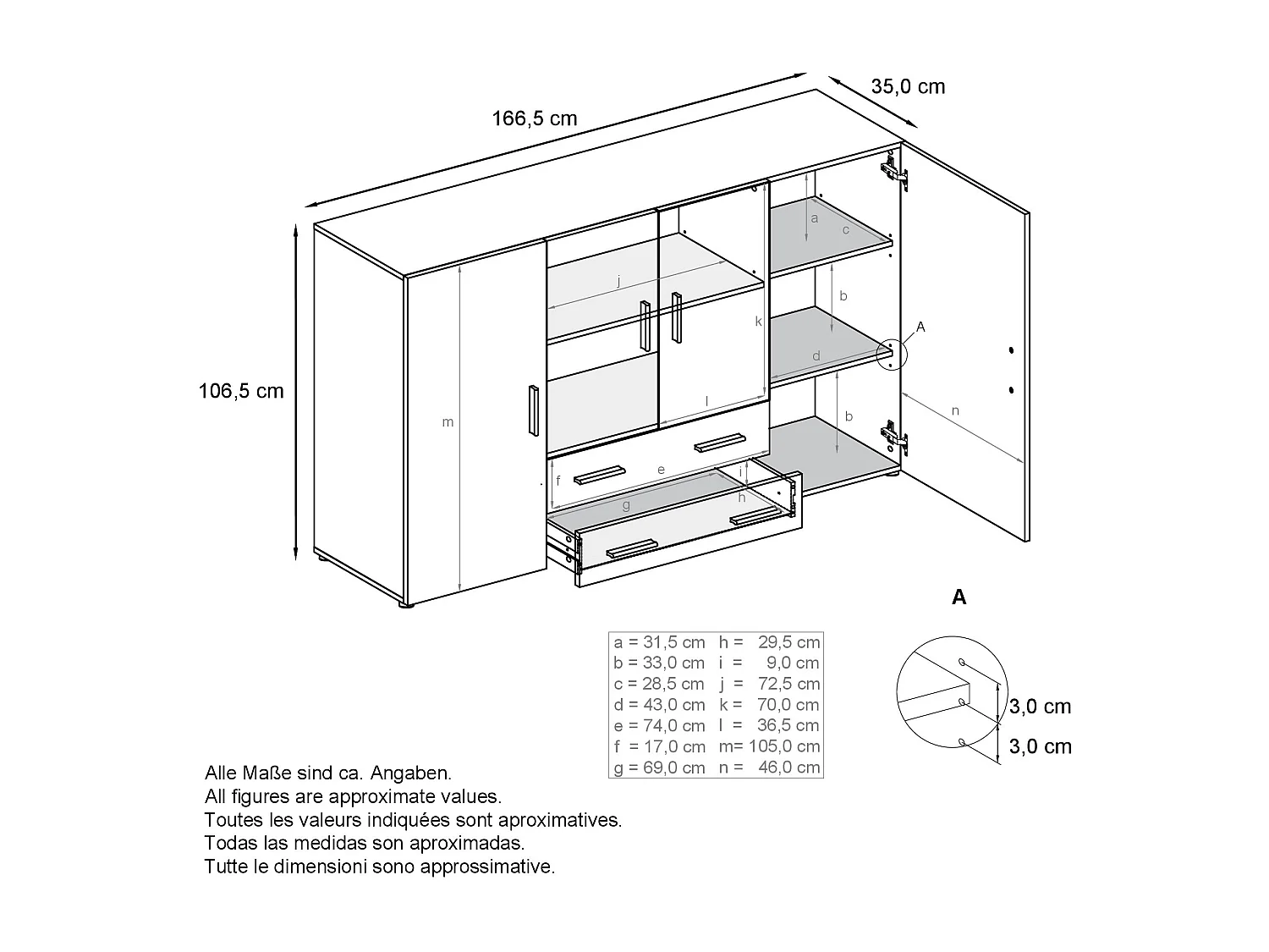 Highboard Nora Sideboard with 2 drawers and 4 doors with a total of 8 compartments behind, antracite opaco /bianco lucido (166.5 x 106.5 x 35 cm)
