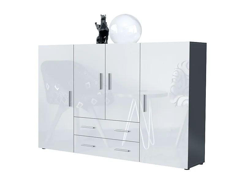 Le Buffet Haut Nora bahut avec 2 tiroirs et 4 portes avec un total de 8 compartiments derrière, anthracite mat/blanc haute brillance (166,5 x 106,5 x 35 cm)