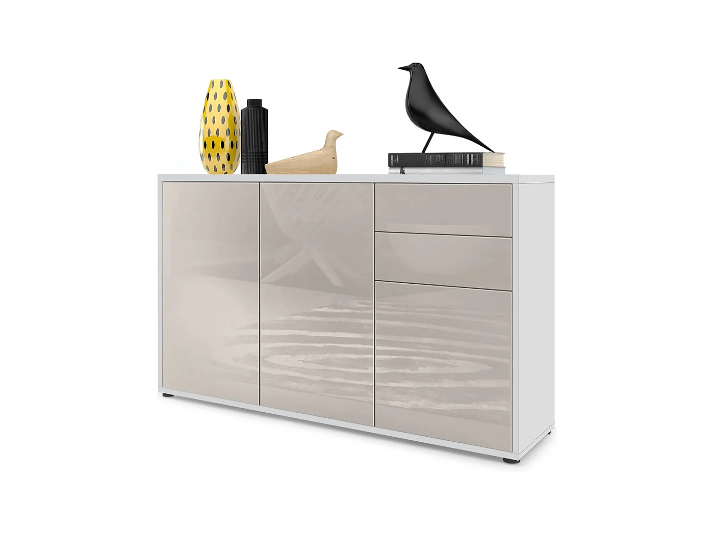 Buffet Ben V3, Commode avec 3 portes et 2 tiroirs, Blanc mat/Gris sable haute brillance (117 x 74 x 36 cm)