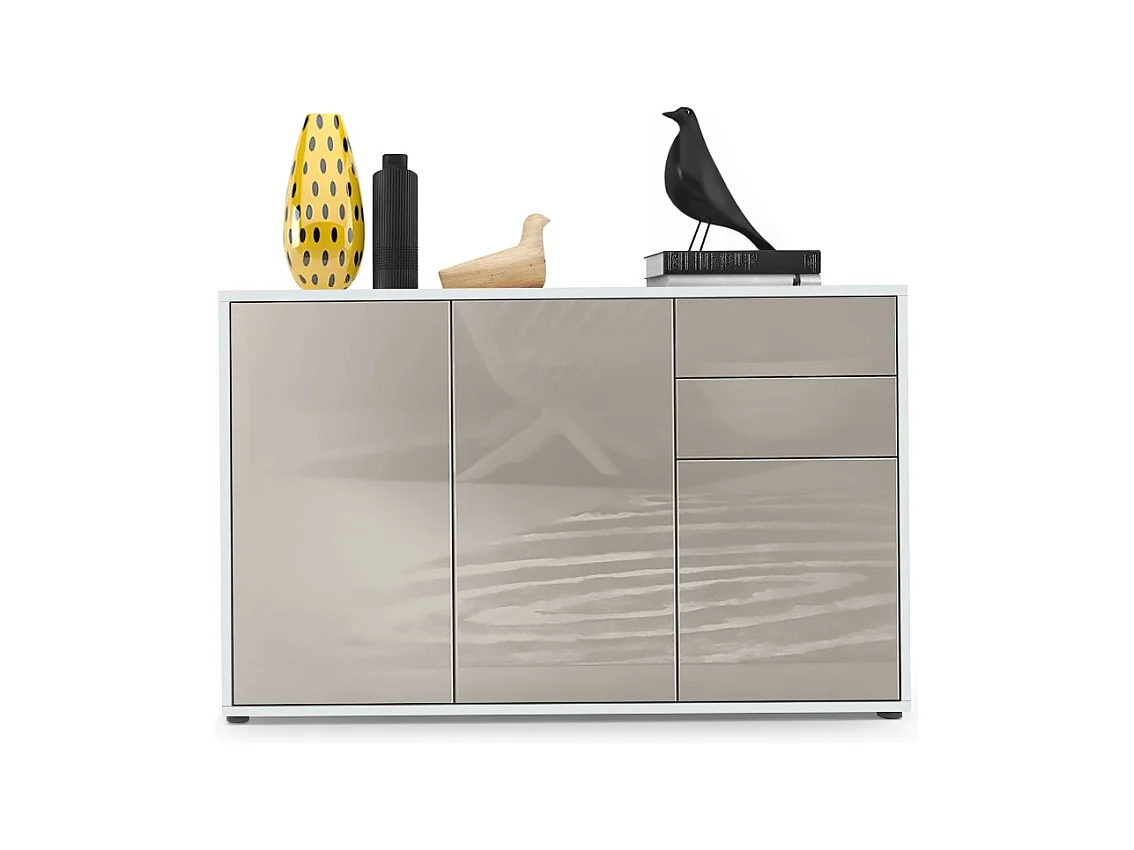 Buffet Ben V3, Commode avec 3 portes et 2 tiroirs, Blanc mat/Gris sable haute brillance (117 x 74 x 36 cm)
