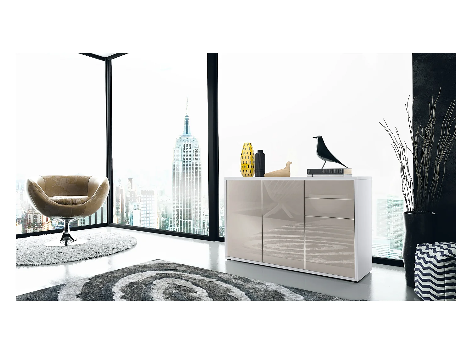 Buffet Ben V3, Commode avec 3 portes et 2 tiroirs, Blanc mat/Gris sable haute brillance (117 x 74 x 36 cm)