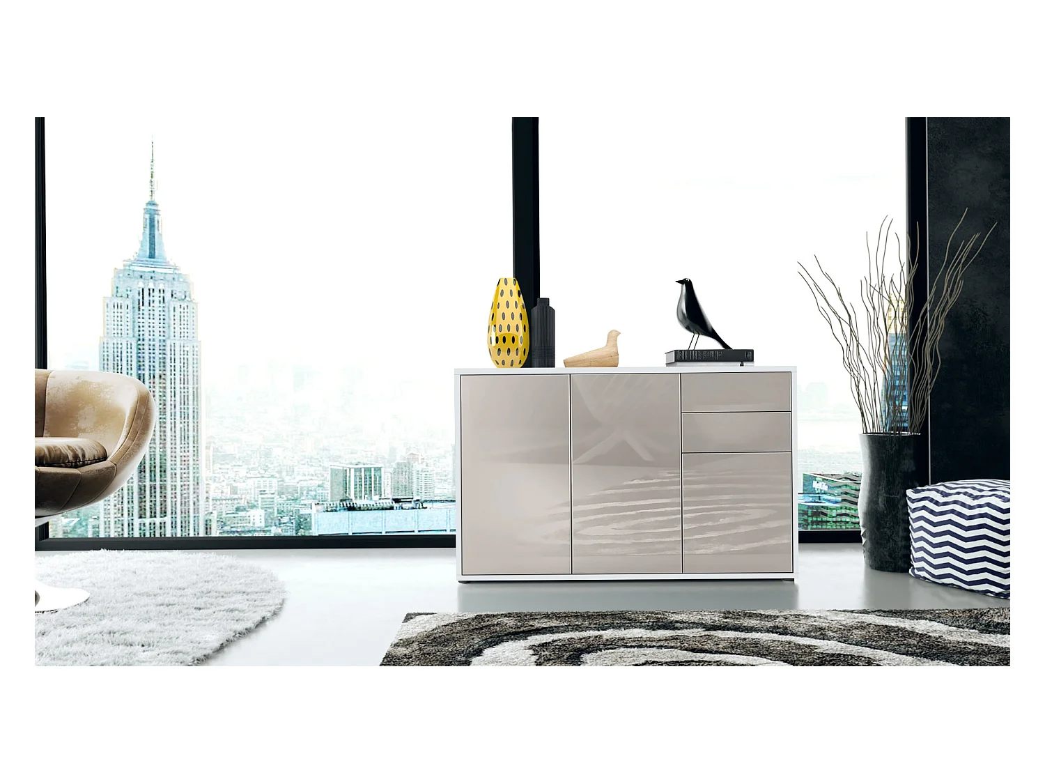 Buffet Ben V3, Commode avec 3 portes et 2 tiroirs, Blanc mat/Gris sable haute brillance (117 x 74 x 36 cm)