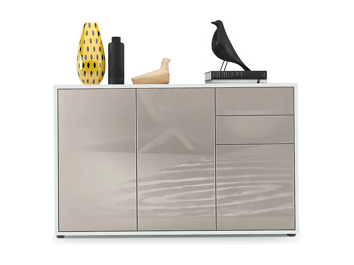 Buffet Ben V3, Commode avec 3 portes et 2 tiroirs, Blanc mat/Gris sable haute brillance (117 x 74 x 36 cm)