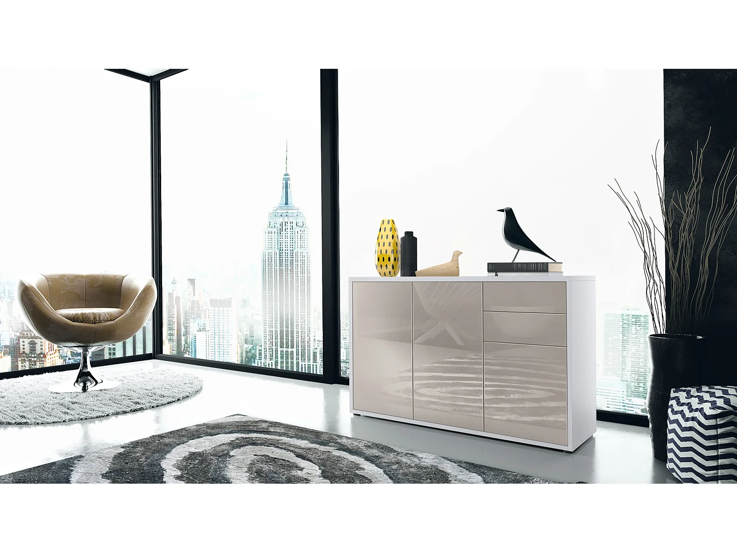 Buffet Ben V3, Commode avec 3 portes et 2 tiroirs, Blanc mat/Gris sable haute brillance (117 x 74 x 36 cm)