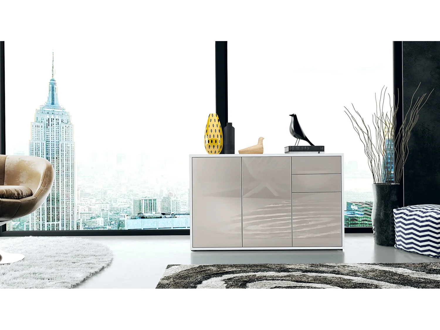 Buffet Ben V3, Commode avec 3 portes et 2 tiroirs, Blanc mat/Gris sable haute brillance (117 x 74 x 36 cm)