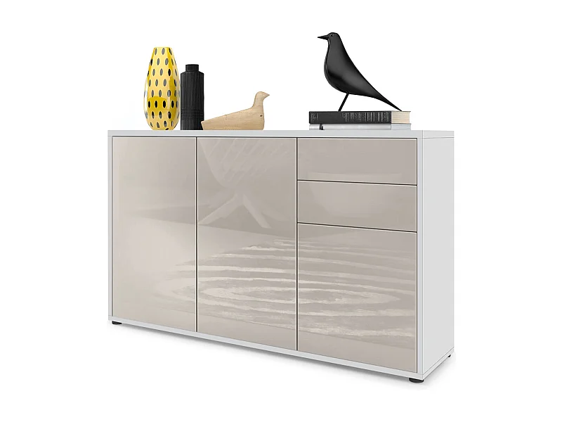 Buffet Ben V3, Commode avec 3 portes et 2 tiroirs, Blanc mat/Gris sable haute brillance (117 x 74 x 36 cm)