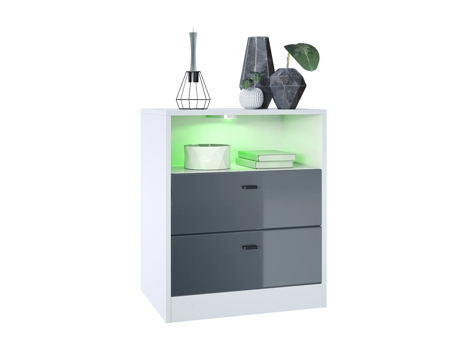 Buffet Pino V1, table de chevet avec 2 tiroirs & 1 compartiment ouvert,blanche mat/Gris haute brillance avec éclairage LED RVB (56 x 67,5 x 36 cm)