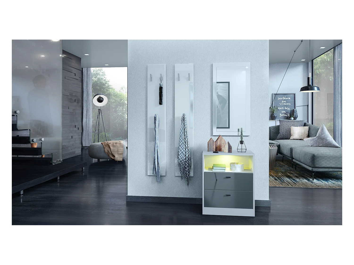 Buffet Pino V1, table de chevet avec 2 tiroirs & 1 compartiment ouvert,blanche mat/Gris haute brillance avec éclairage LED RVB (56 x 67,5 x 36 cm)