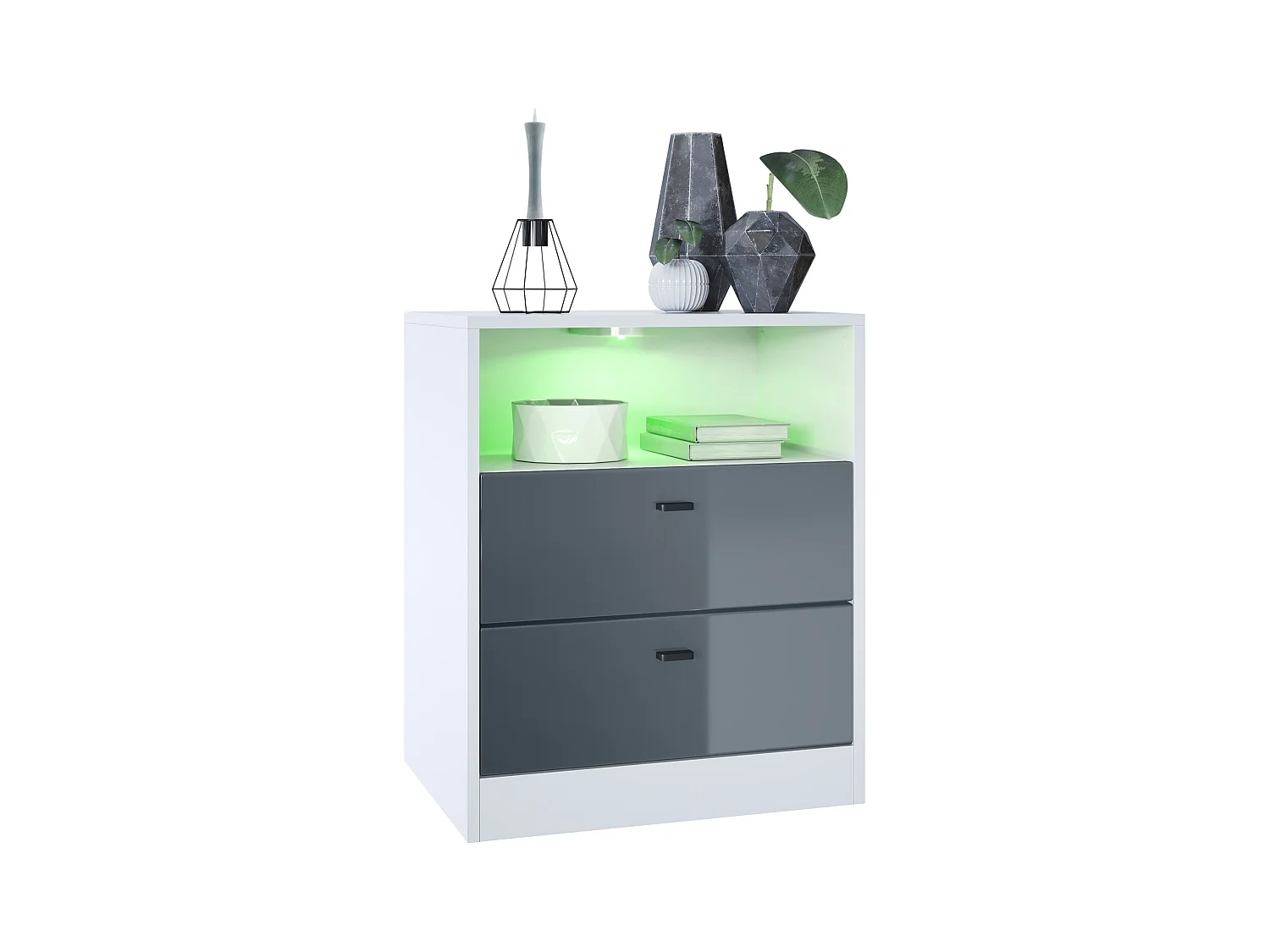 Buffet Pino V1, table de chevet avec 2 tiroirs & 1 compartiment ouvert,blanche mat/Gris haute brillance avec éclairage LED RVB (56 x 67,5 x 36 cm)