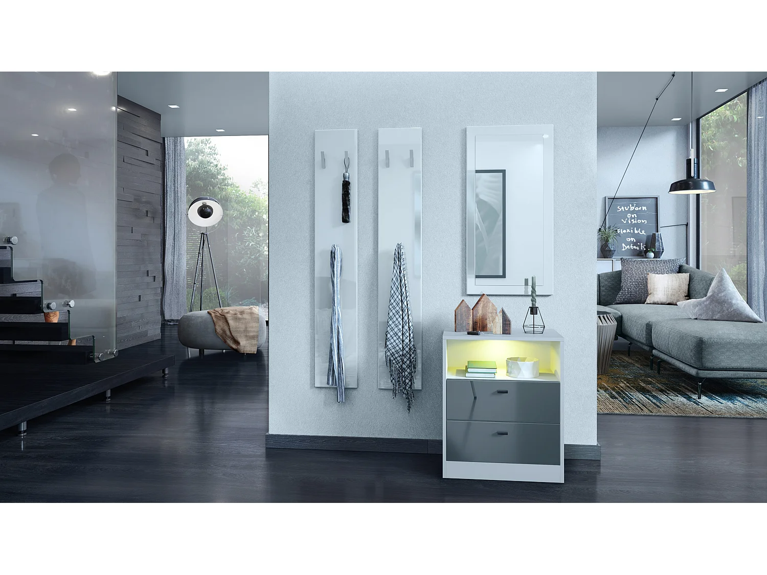 Buffet Pino V1, table de chevet avec 2 tiroirs & 1 compartiment ouvert,blanche mat/Gris haute brillance avec éclairage LED RVB (56 x 67,5 x 36 cm)