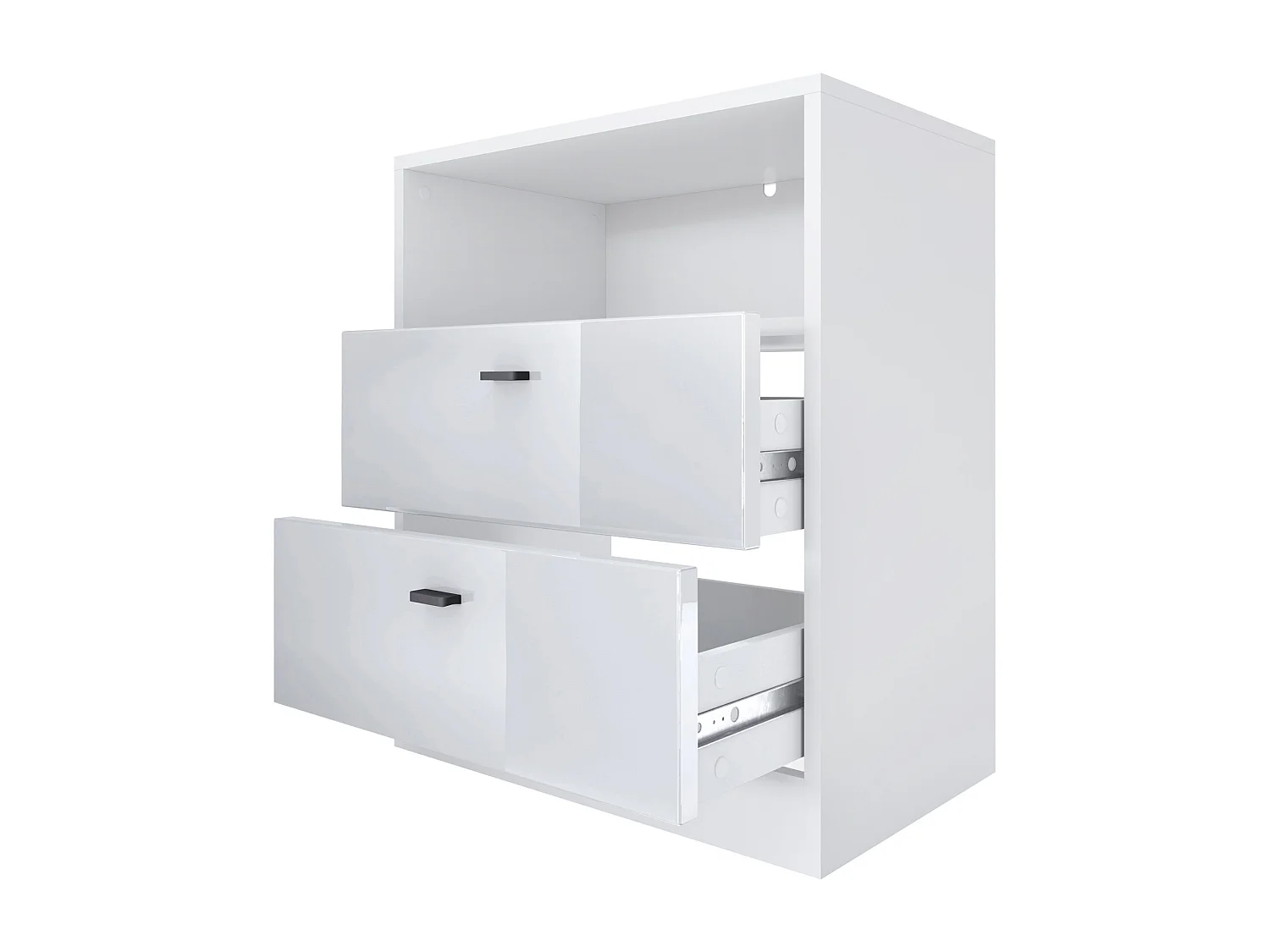 Buffet Pino V1, table de chevet avec 2 tiroirs & 1 compartiment ouvert,blanche mat/Gris haute brillance avec éclairage LED RVB (56 x 67,5 x 36 cm)