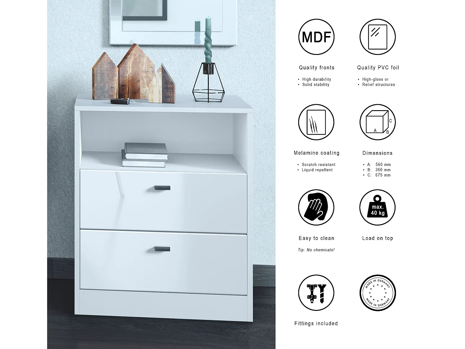 Buffet Pino V1, table de chevet avec 2 tiroirs & 1 compartiment ouvert,blanche mat/Gris haute brillance avec éclairage LED RVB (56 x 67,5 x 36 cm)