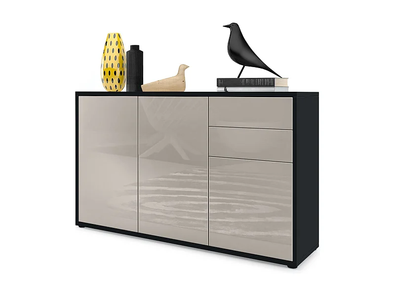 Madia  Ben V3, mobile a 3 ante e 2 cassetti, nero opaco/grigio sabbia lucido (117 x 74 x 36 cm)