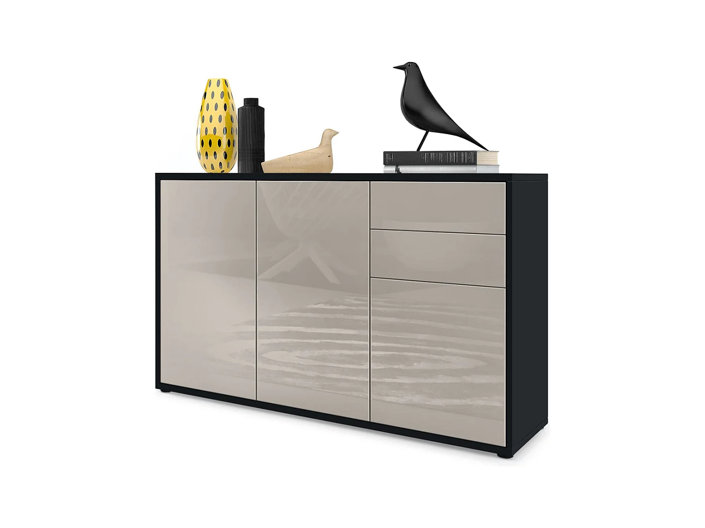 Buffet Ben V3, Commode avec 3 portes et 2 tiroirs, Noir mat/Gris sable haute brillance (117 x 74 x 36 cm)