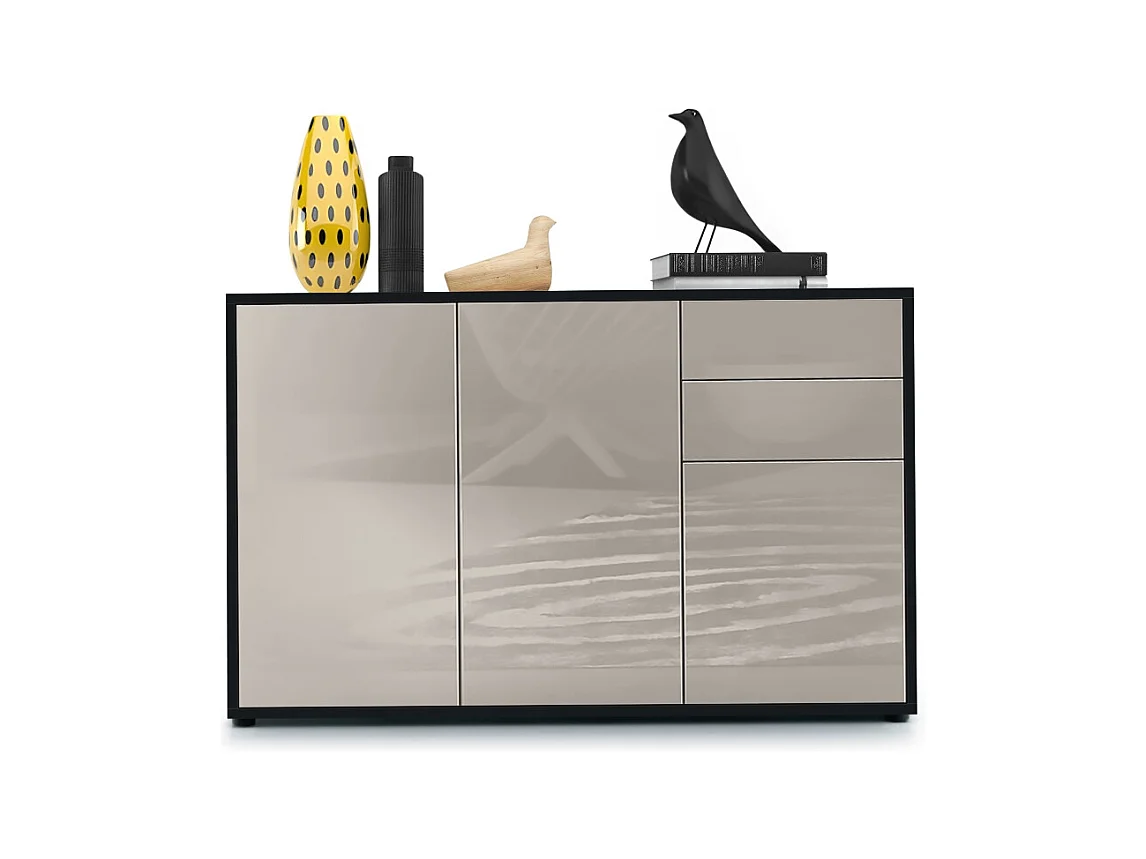 Buffet Ben V3, Commode avec 3 portes et 2 tiroirs, Noir mat/Gris sable haute brillance (117 x 74 x 36 cm)