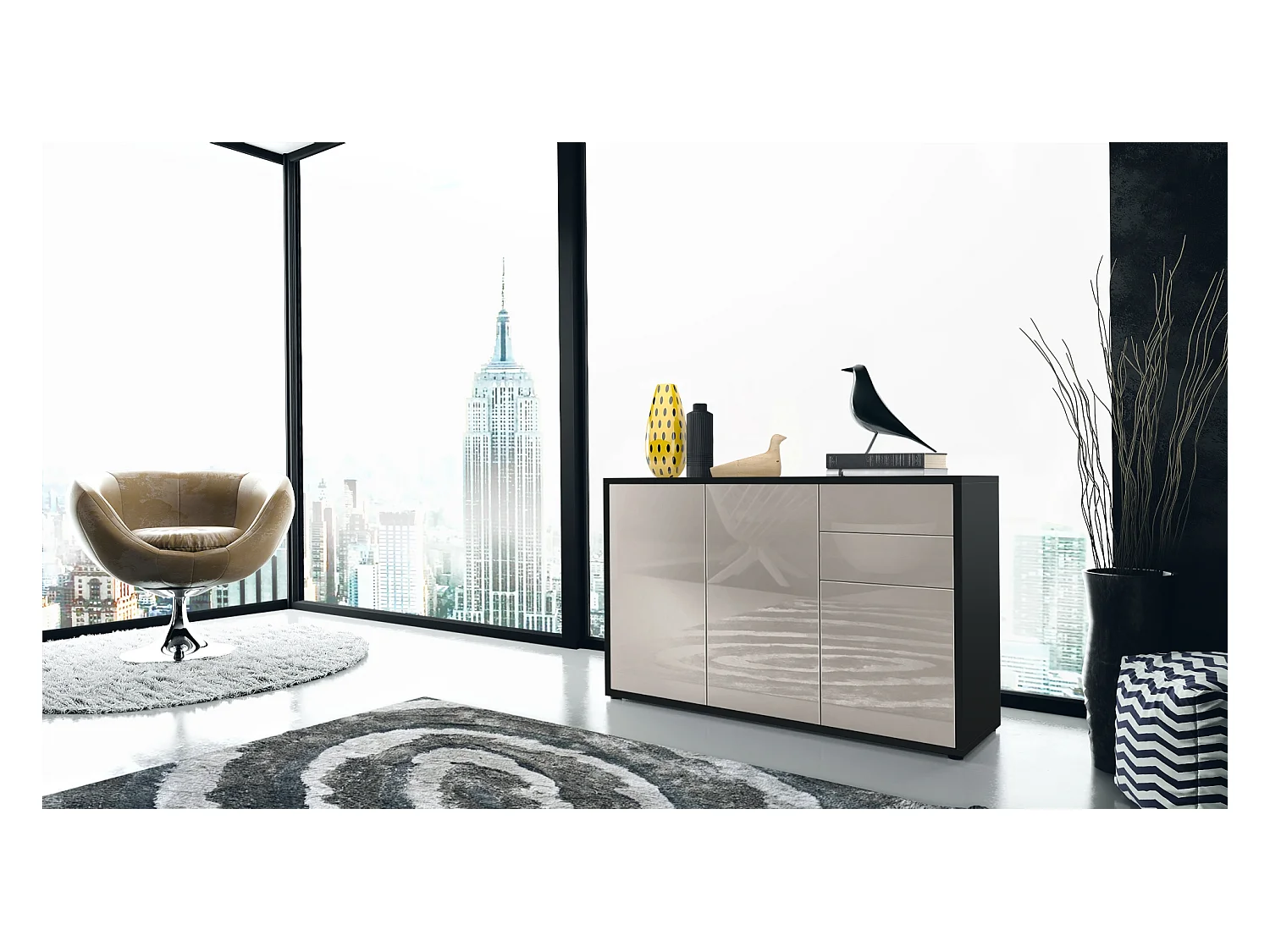 Buffet Ben V3, Commode avec 3 portes et 2 tiroirs, Noir mat/Gris sable haute brillance (117 x 74 x 36 cm)