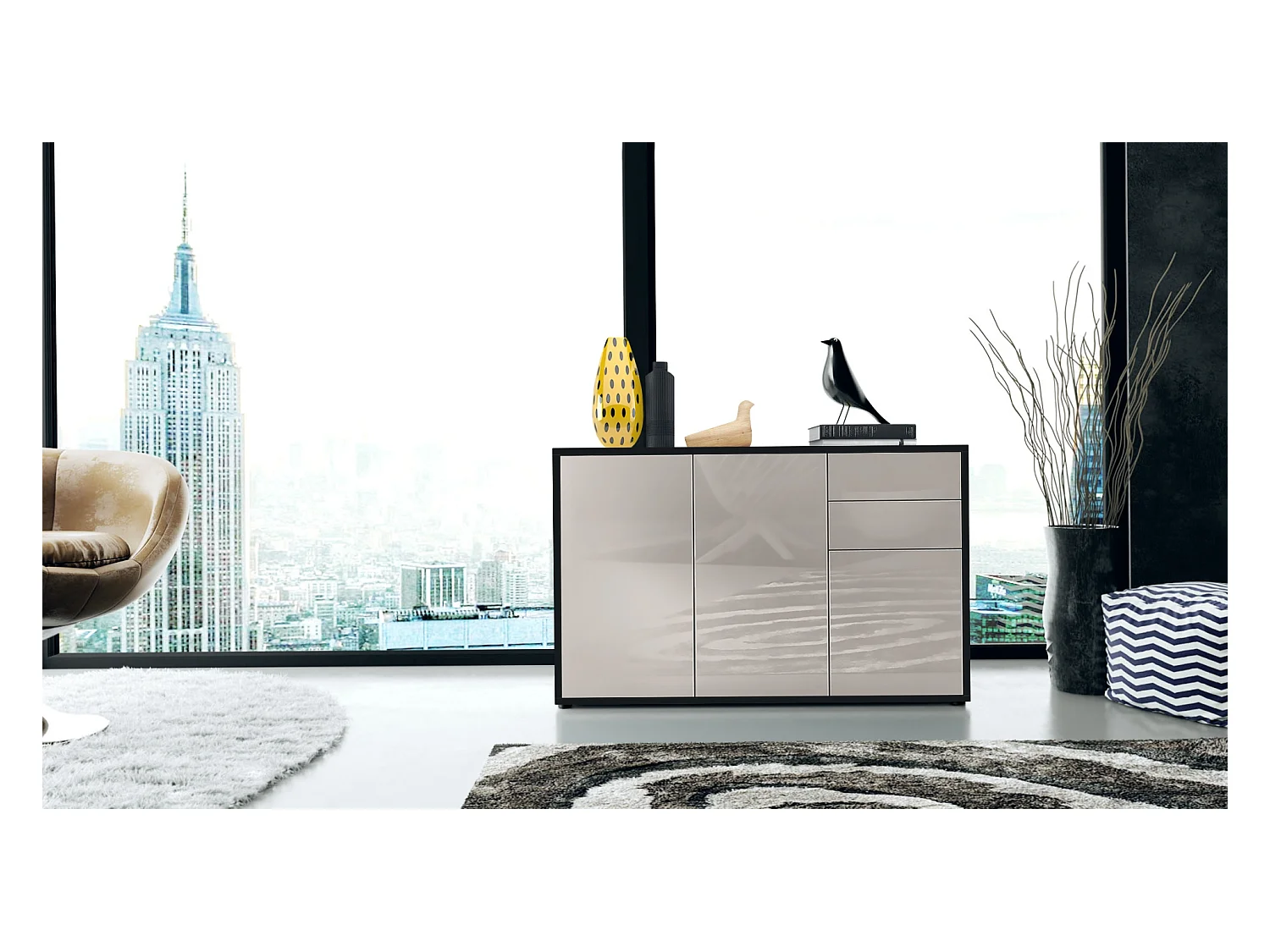 Buffet Ben V3, Commode avec 3 portes et 2 tiroirs, Noir mat/Gris sable haute brillance (117 x 74 x 36 cm)