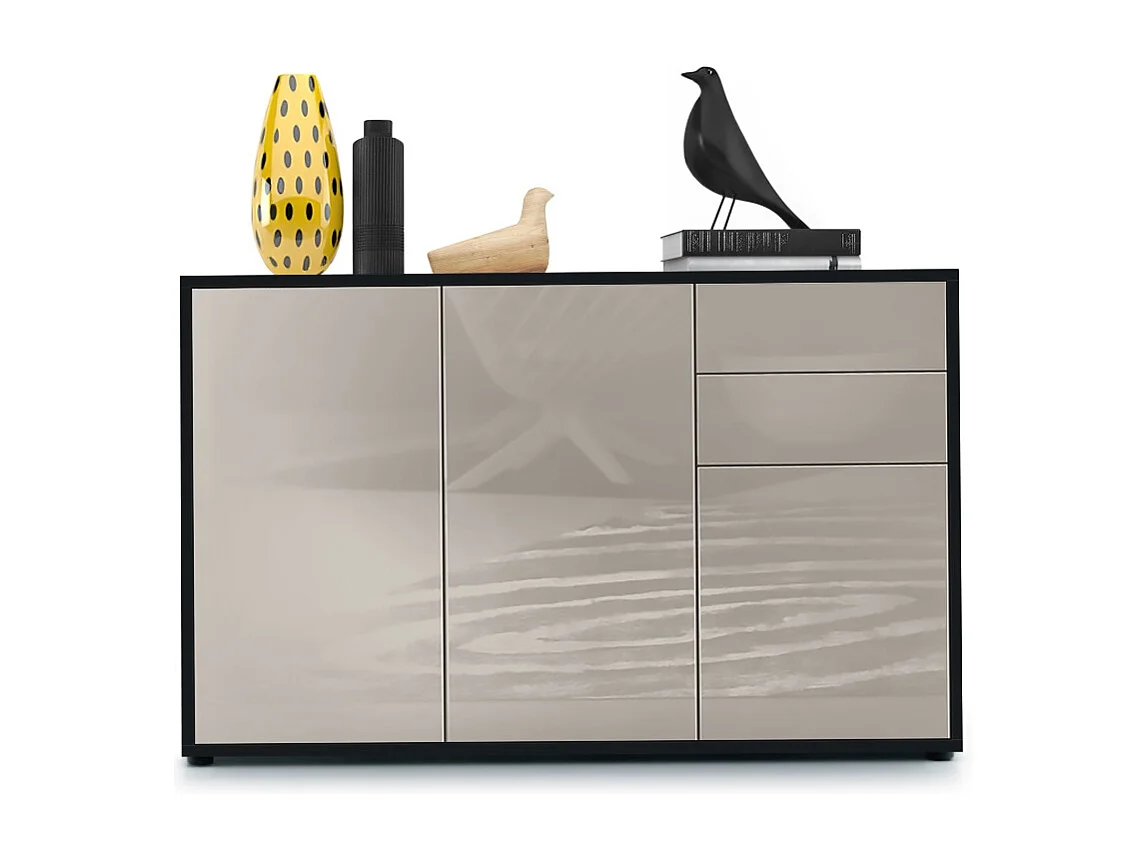 Buffet Ben V3, Commode avec 3 portes et 2 tiroirs, Noir mat/Gris sable haute brillance (117 x 74 x 36 cm)
