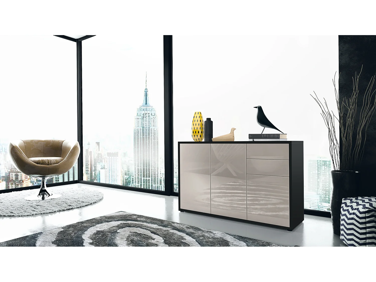 Buffet Ben V3, Commode avec 3 portes et 2 tiroirs, Noir mat/Gris sable haute brillance (117 x 74 x 36 cm)