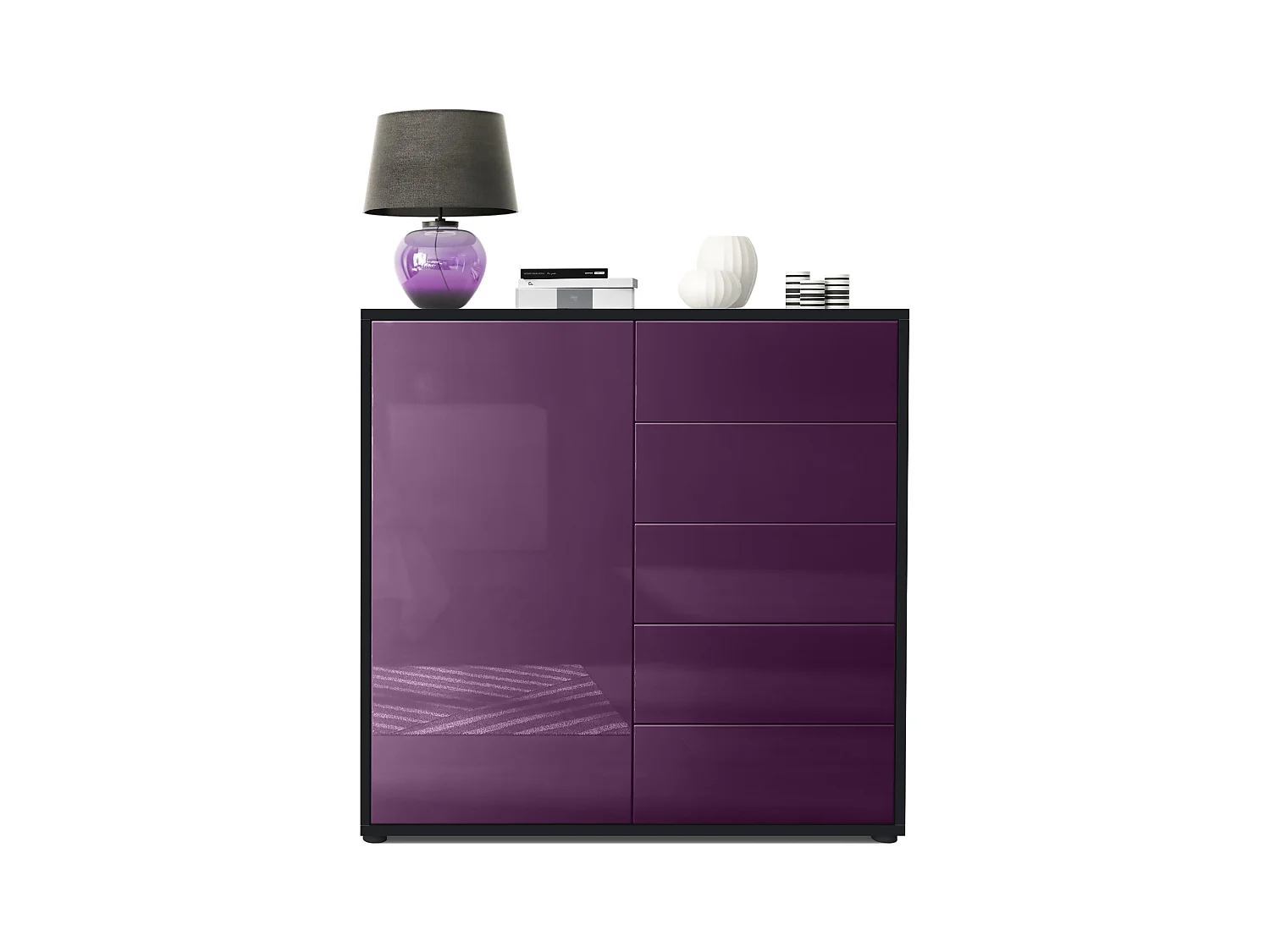 Buffet Ben V2, Commode avec 1 portes et 5 tiroirs, Noir mat/Mûre haute brillance (79 x 74 x 36 cm)