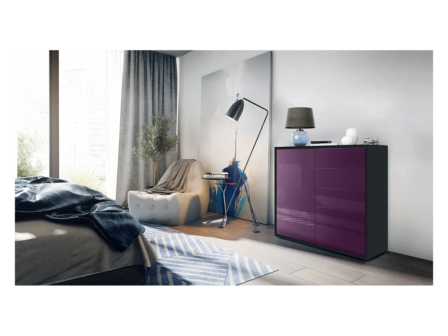 Buffet Ben V2, Commode avec 1 portes et 5 tiroirs, Noir mat/Mûre haute brillance (79 x 74 x 36 cm)