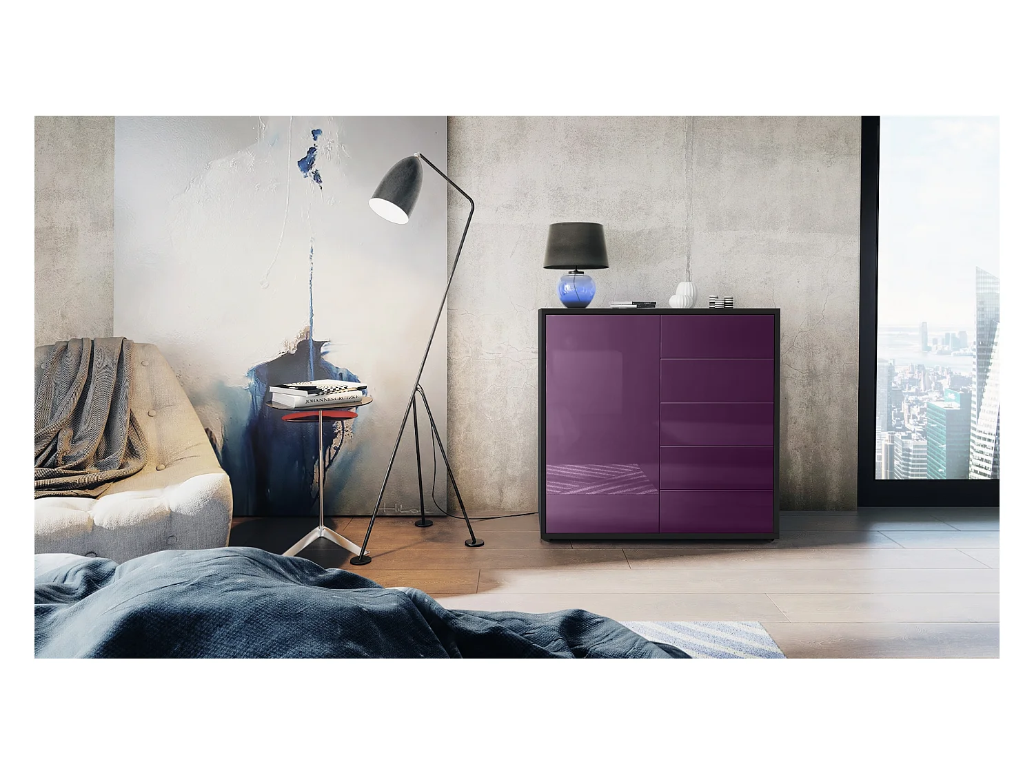 Buffet Ben V2, Commode avec 1 portes et 5 tiroirs, Noir mat/Mûre haute brillance (79 x 74 x 36 cm)