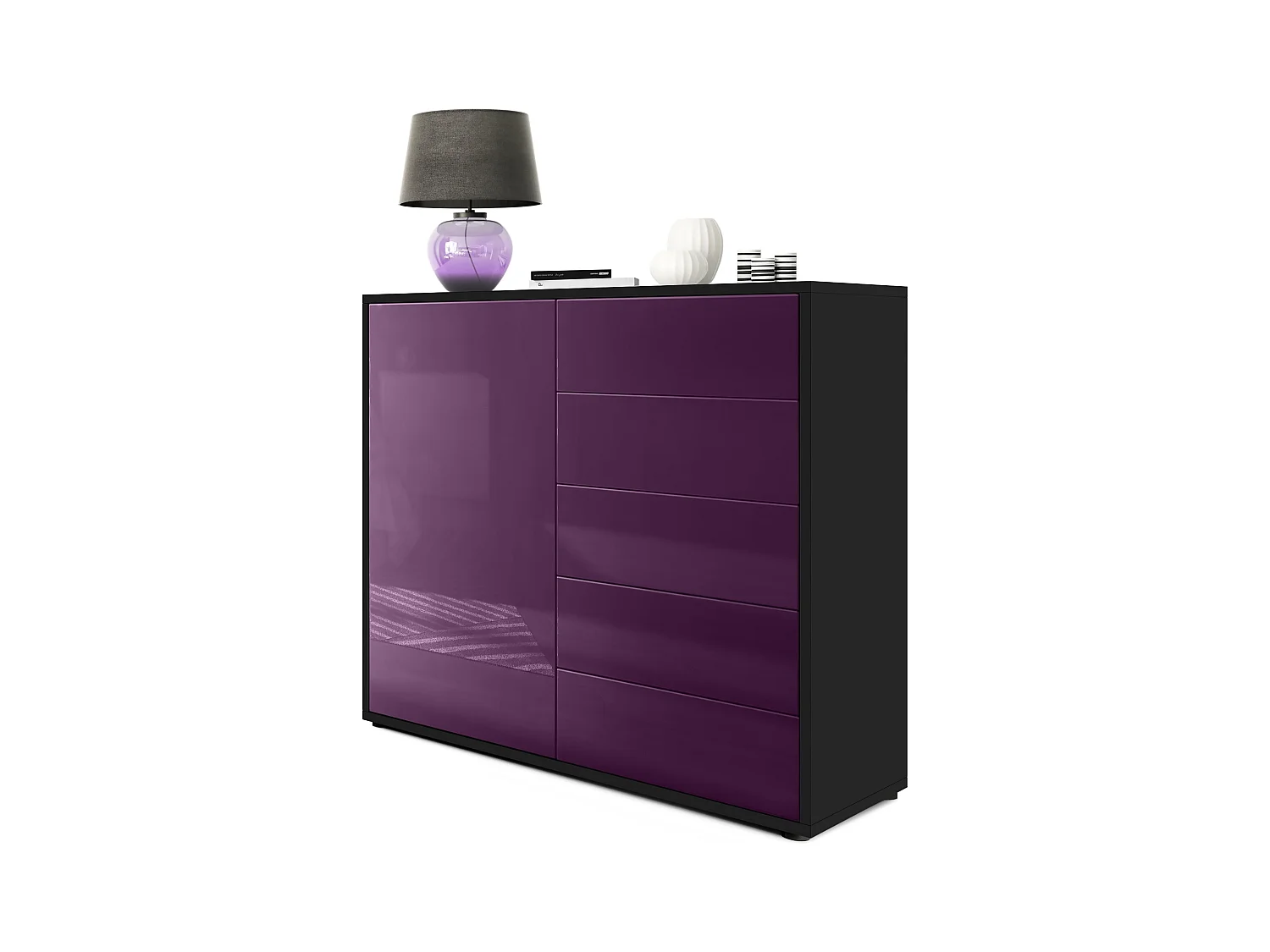 Buffet Ben V2, Commode avec 1 portes et 5 tiroirs, Noir mat/Mûre haute brillance (79 x 74 x 36 cm)