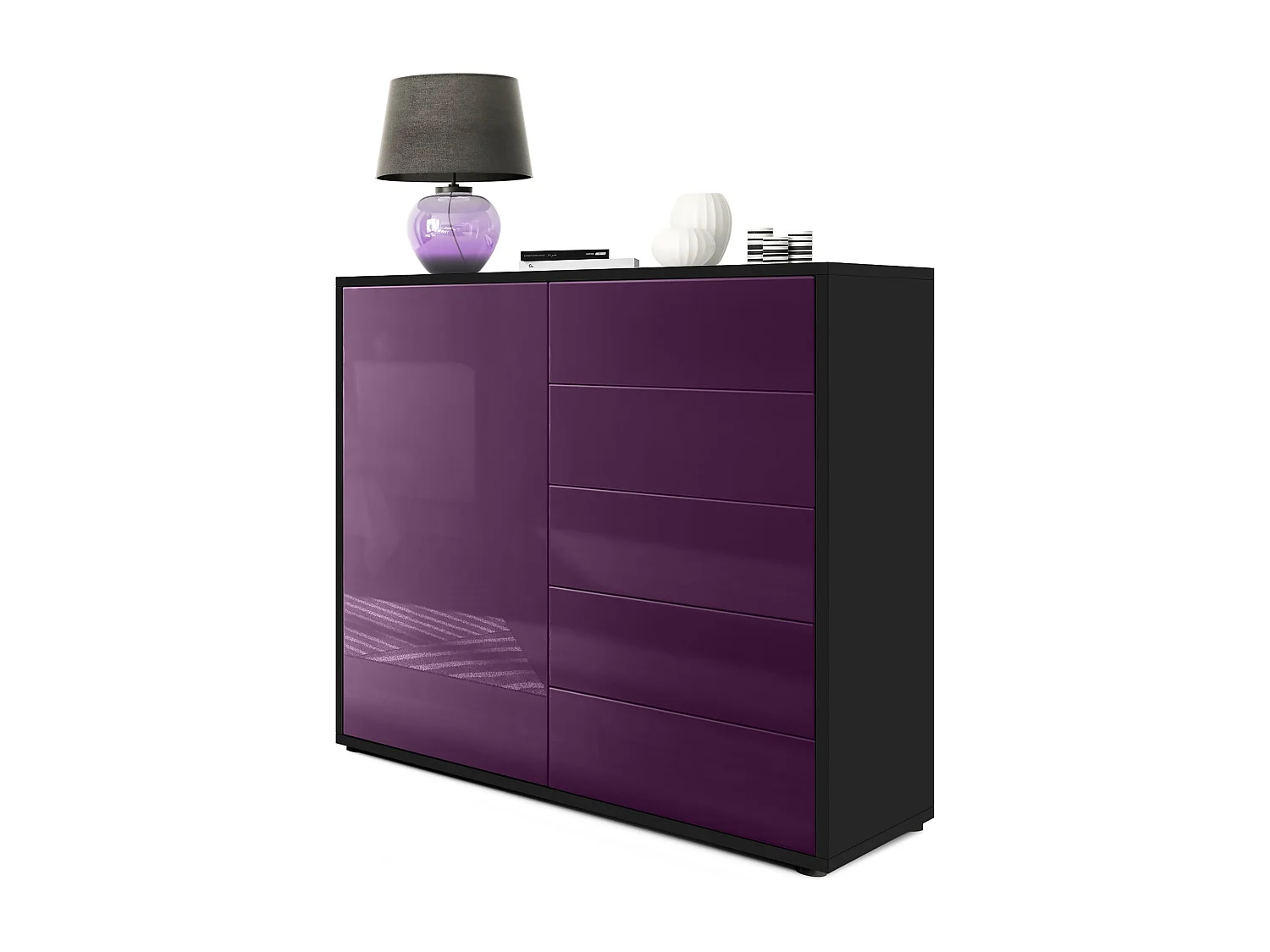 Madia  Ben V2, mobile con 1 anta e 5 cassetti, nero opaco/violetto-porpora (79 x 74 x 36 cm)