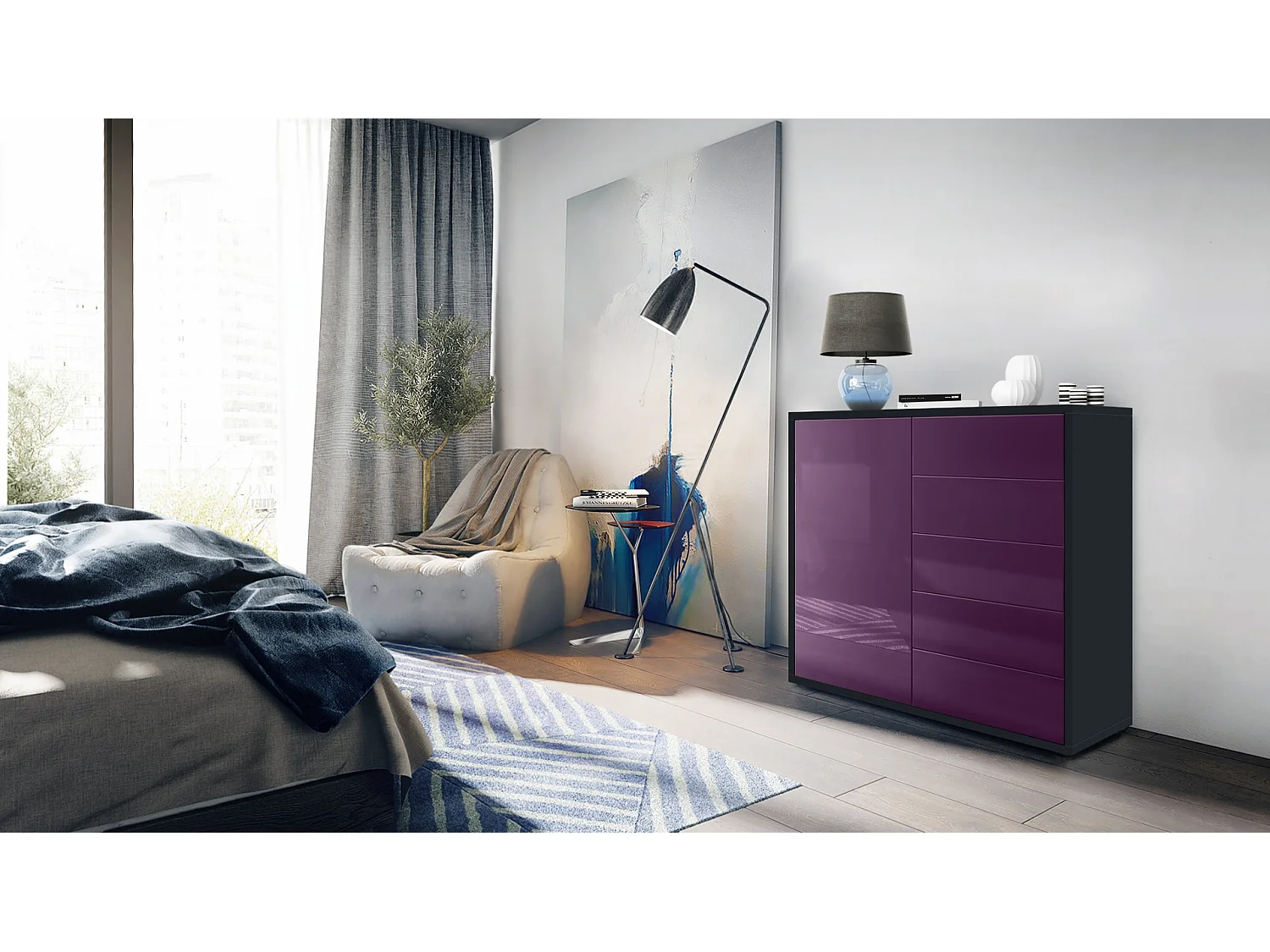 Madia  Ben V2, mobile con 1 anta e 5 cassetti, nero opaco/violetto-porpora (79 x 74 x 36 cm)