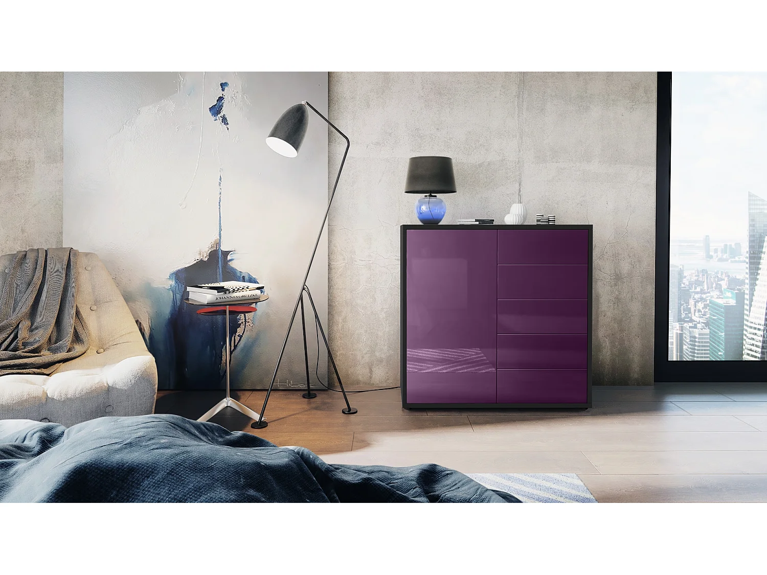 Madia  Ben V2, mobile con 1 anta e 5 cassetti, nero opaco/violetto-porpora (79 x 74 x 36 cm)