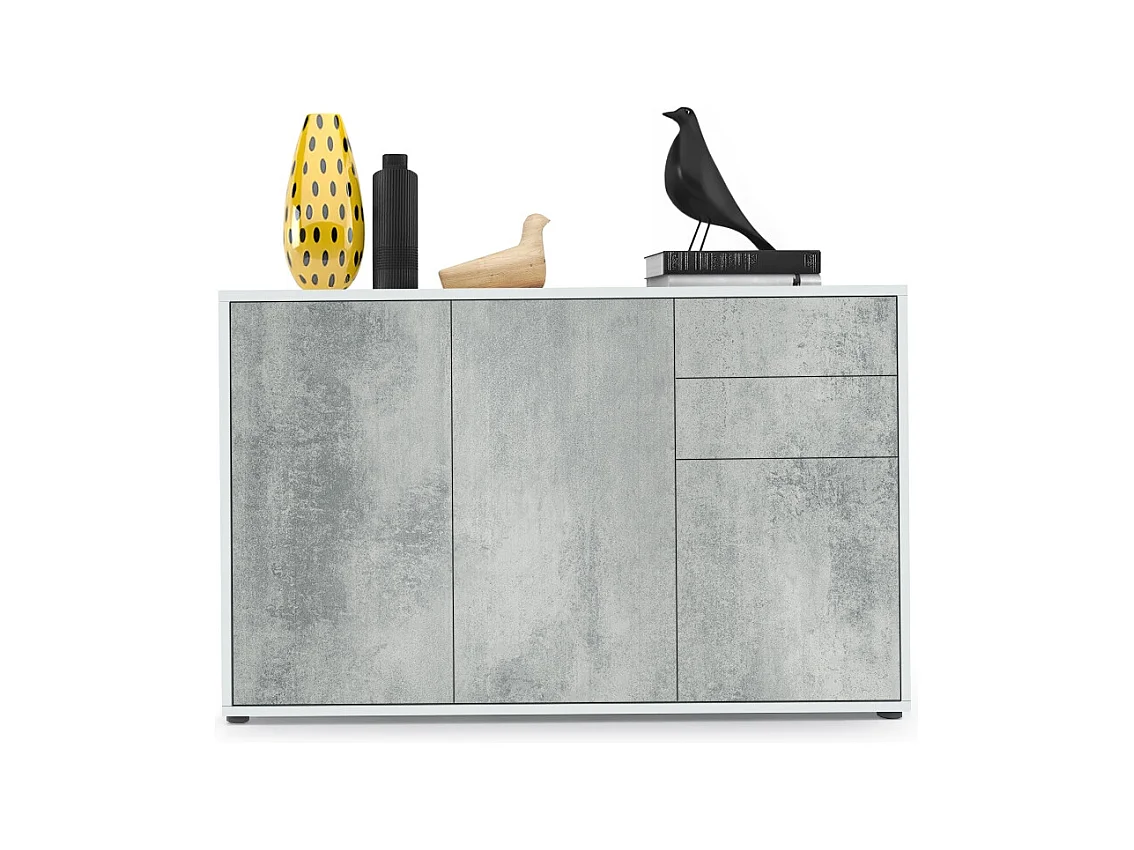 Buffet Ben V3, Commode avec 3 portes et 2 tiroirs, Blanc mat/Aspect Béton Oxyde (117 x 74 x 36 cm)