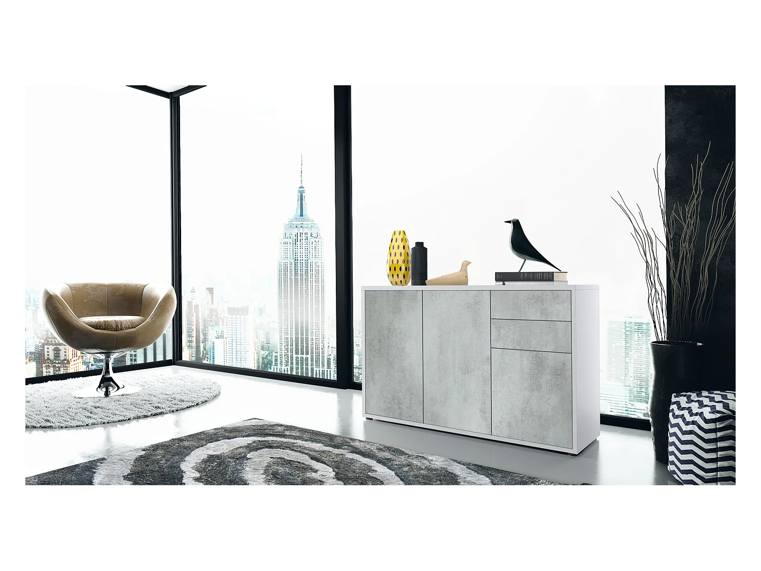 Buffet Ben V3, Commode avec 3 portes et 2 tiroirs, Blanc mat/Aspect Béton Oxyde (117 x 74 x 36 cm)