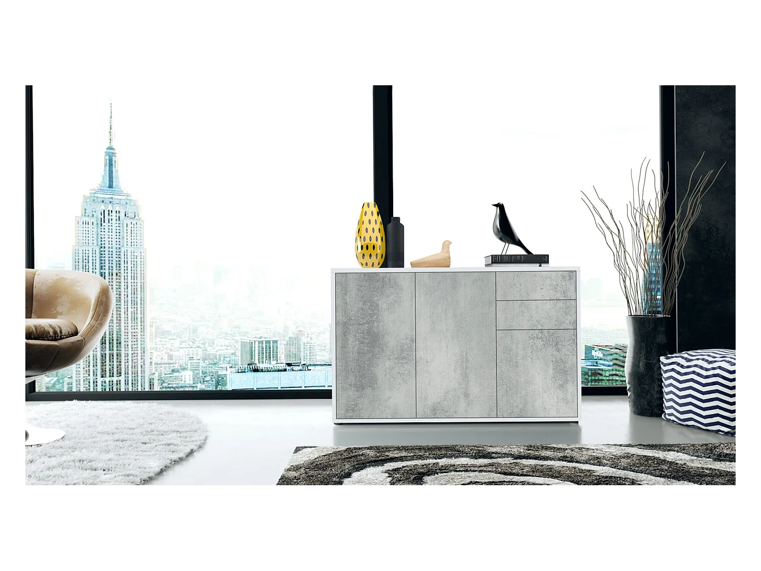 Buffet Ben V3, Commode avec 3 portes et 2 tiroirs, Blanc mat/Aspect Béton Oxyde (117 x 74 x 36 cm)