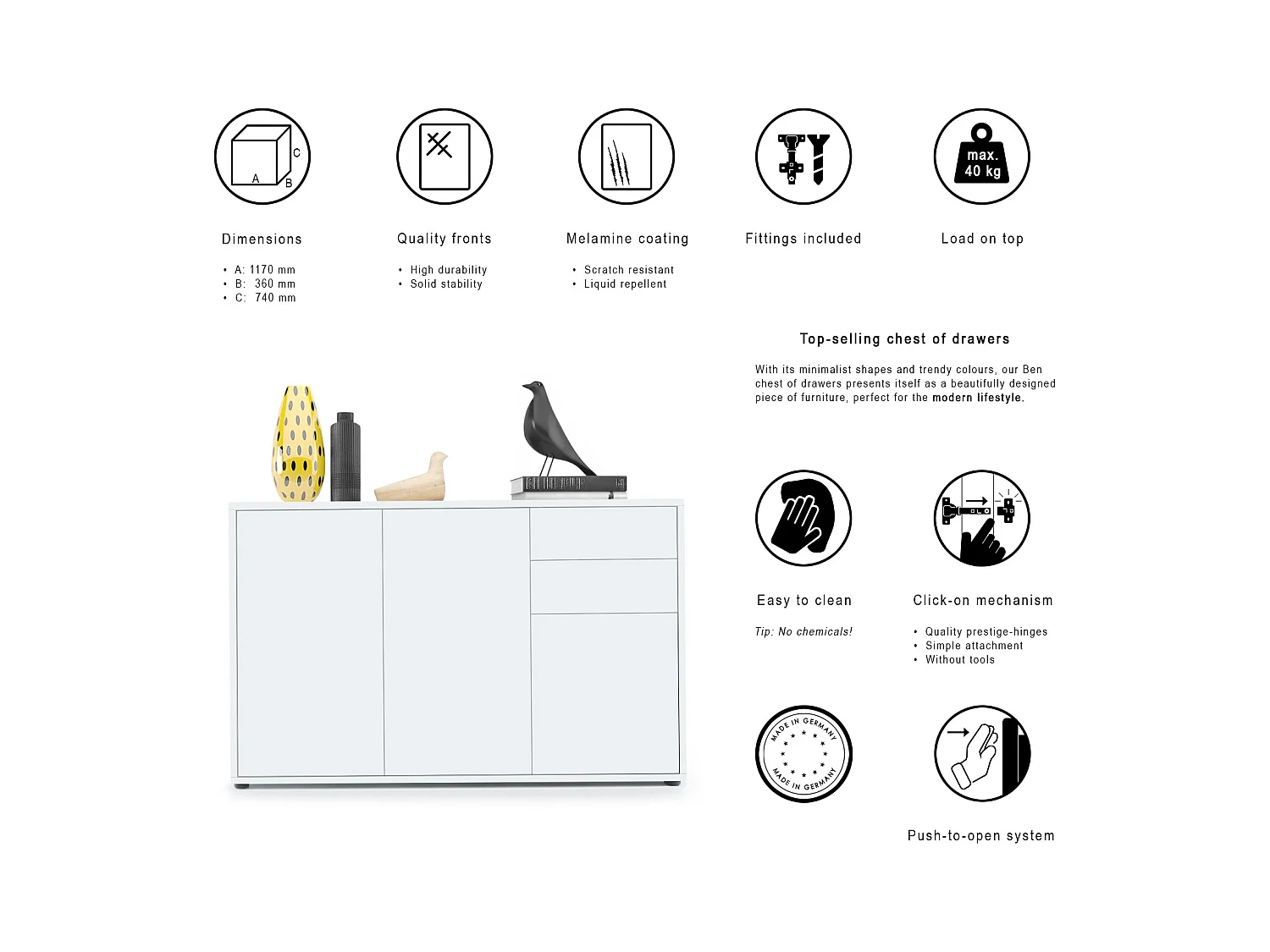 Buffet Ben V3, Commode avec 3 portes et 2 tiroirs, Blanc mat/Aspect Béton Oxyde (117 x 74 x 36 cm)