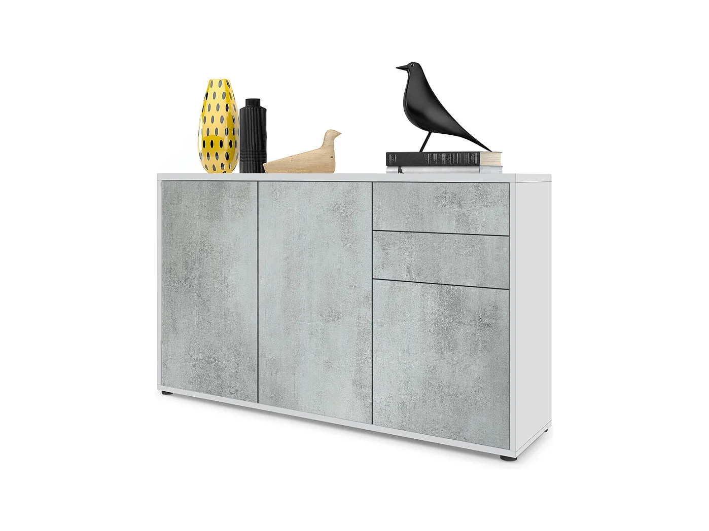 Buffet Ben V3, Commode avec 3 portes et 2 tiroirs, Blanc mat/Aspect Béton Oxyde (117 x 74 x 36 cm)