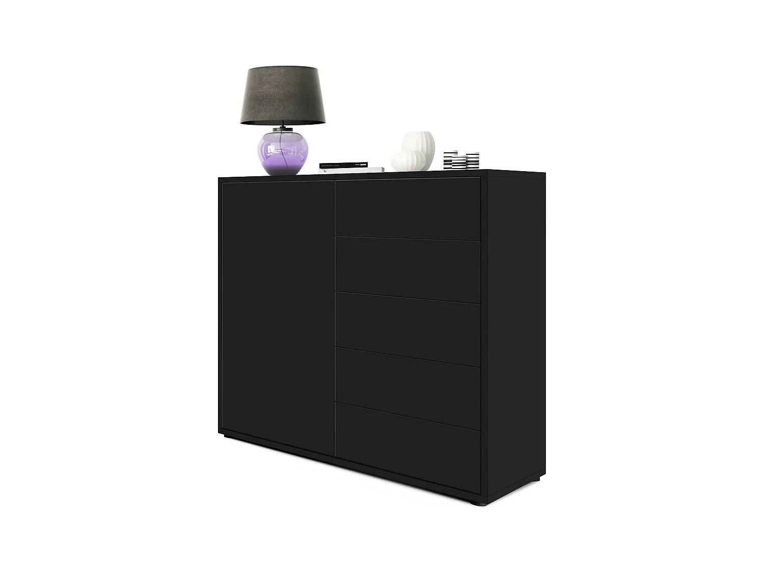 Buffet Ben V2, Commode avec 1 portes et 5 tiroirs, Noir mat/Noir mat (79 x 74 x 36 cm)