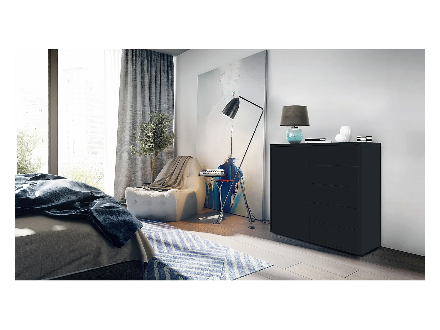 Buffet Ben V2, Commode avec 1 portes et 5 tiroirs, Noir mat/Noir mat (79 x 74 x 36 cm)