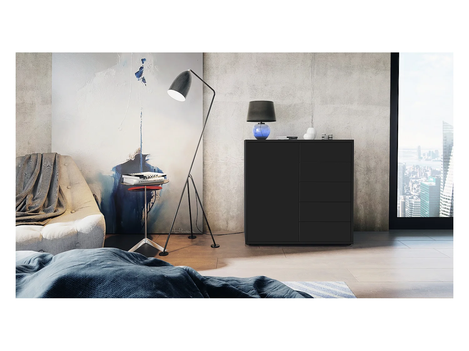 Buffet Ben V2, Commode avec 1 portes et 5 tiroirs, Noir mat/Noir mat (79 x 74 x 36 cm)