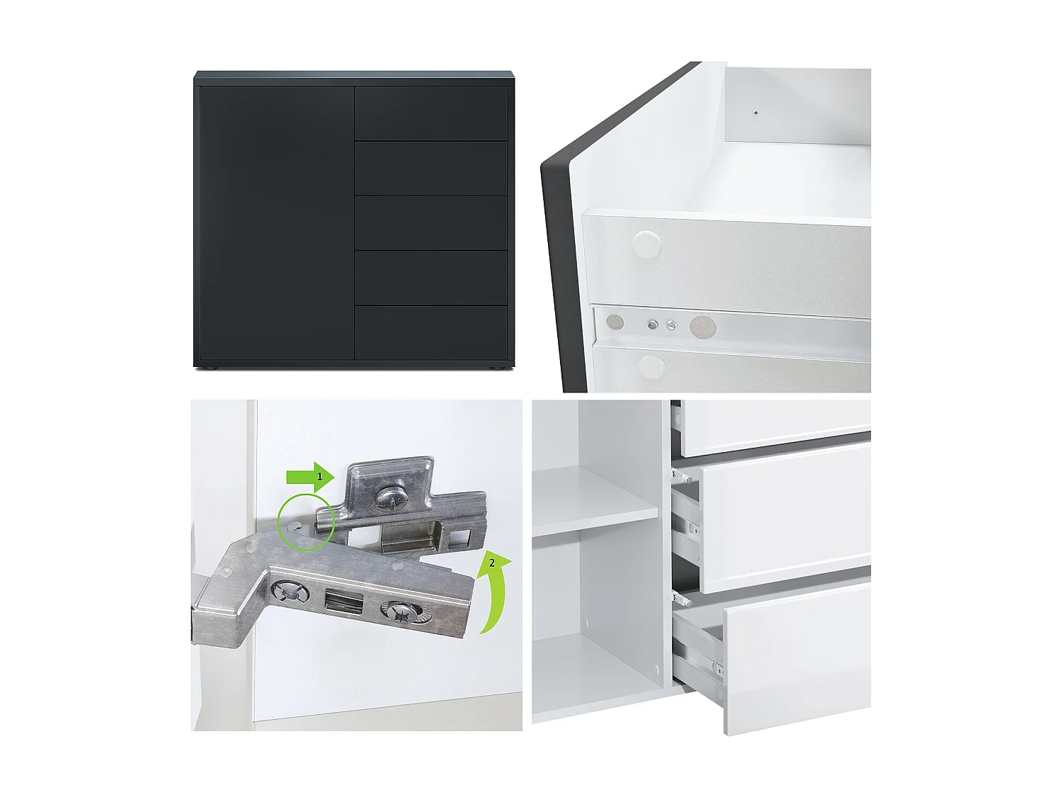 Buffet Ben V2, Commode avec 1 portes et 5 tiroirs, Noir mat/Noir mat (79 x 74 x 36 cm)